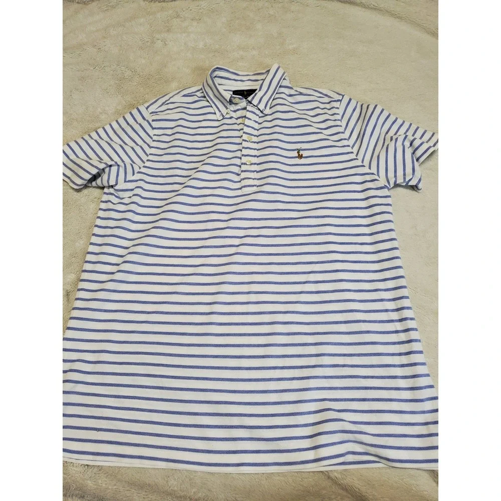 Ralph Lauren Blue Label White Striped Short Sleeve Oxford Knit Polo Top Men XL
